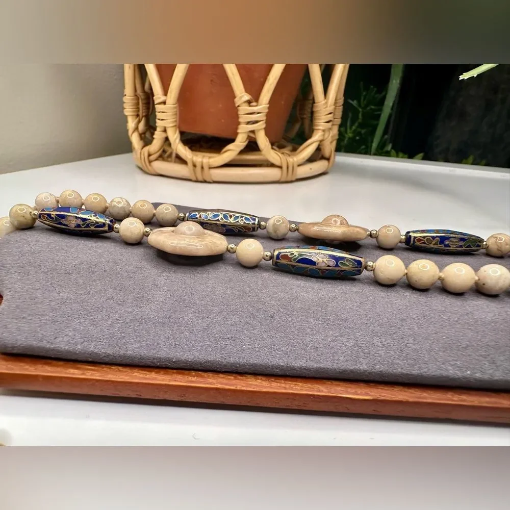 Vintage Beaded Necklace with Carved Stone Accents & Cloisonné Enamel Beads 28.5” - Picture 4 of 9